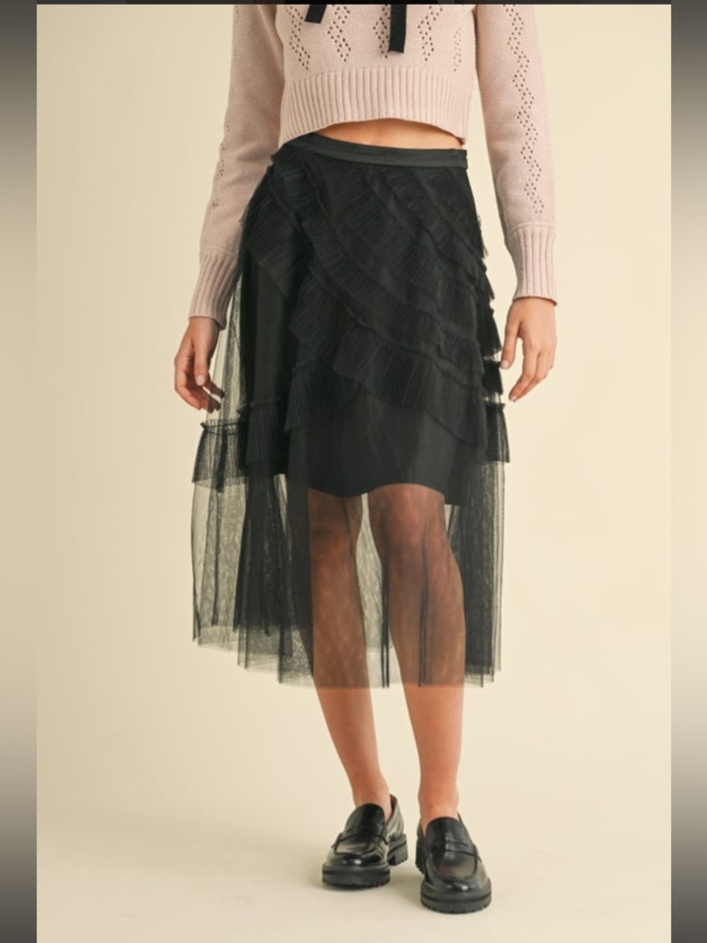 Heyson Black Layered Ruffle Lace Maxi Skirt L NWOT Boho Chic Cottagecore Lace